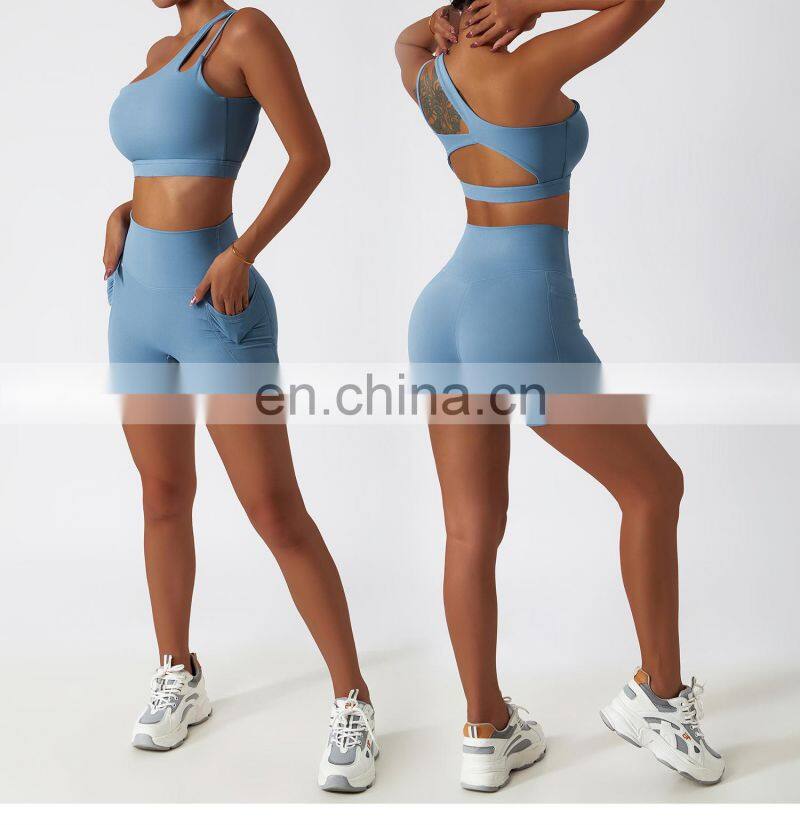 4 Pcs Sportswear Women Yoga Biker Pockets Shorts Oem Gym Fitness One Shoulder Sexy Bra Sets