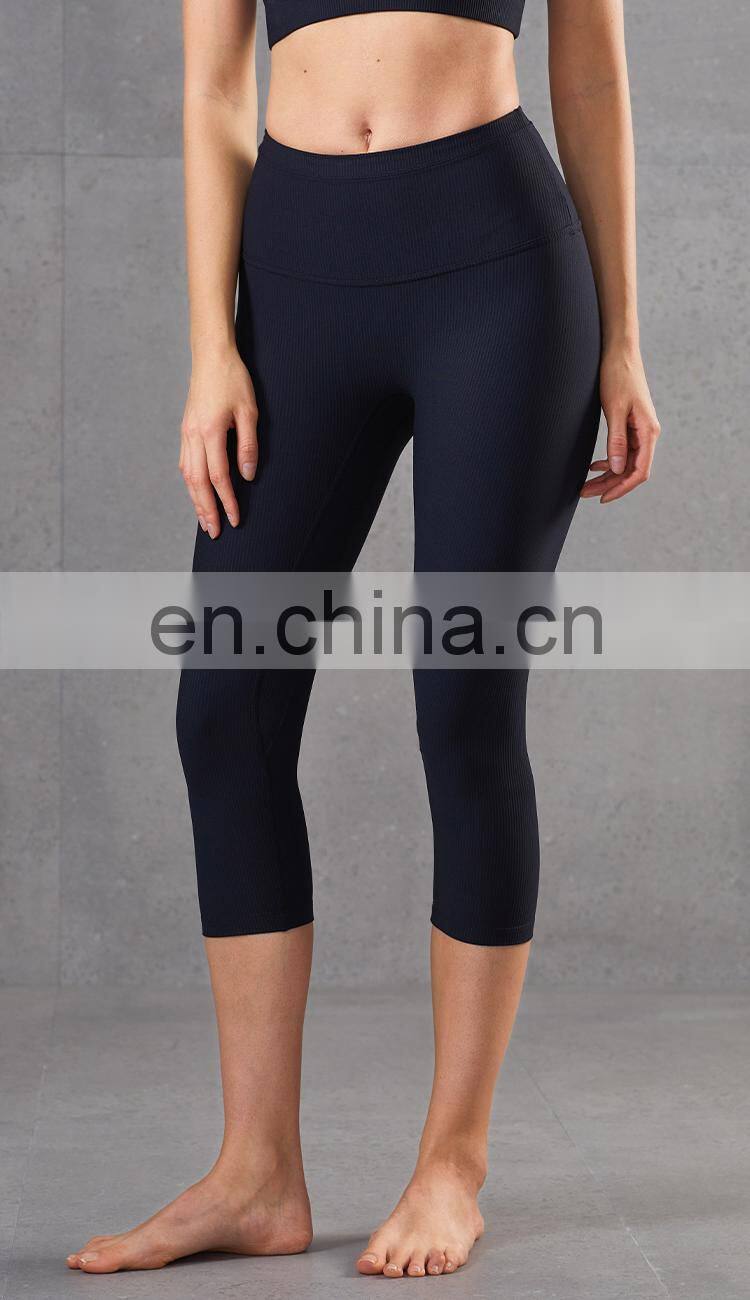 Hot Ribber Fabric Capri Sport Legging High Waist Women Yoga Pants Splice Color OEM