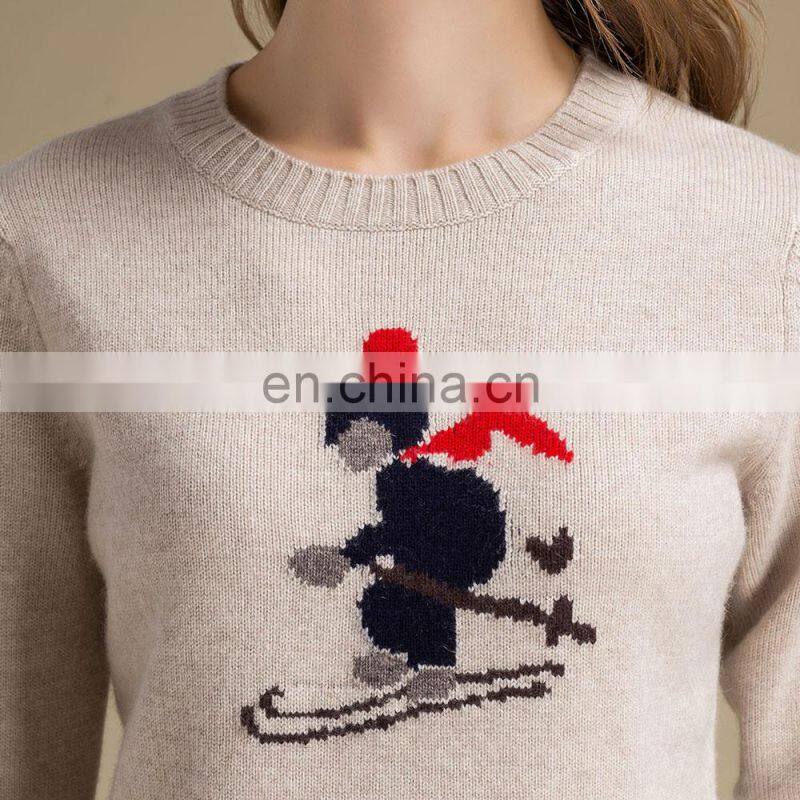 Fashion Skier Jumper Knitting Production Intarsia Women 100% Cashmere Sweater