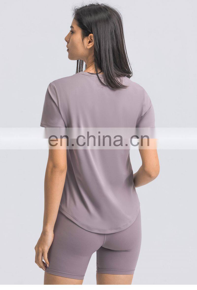 Wholesale Women Breathable Gym Oversized Yoga Tops U Hem Fitness Sports T-Shirts