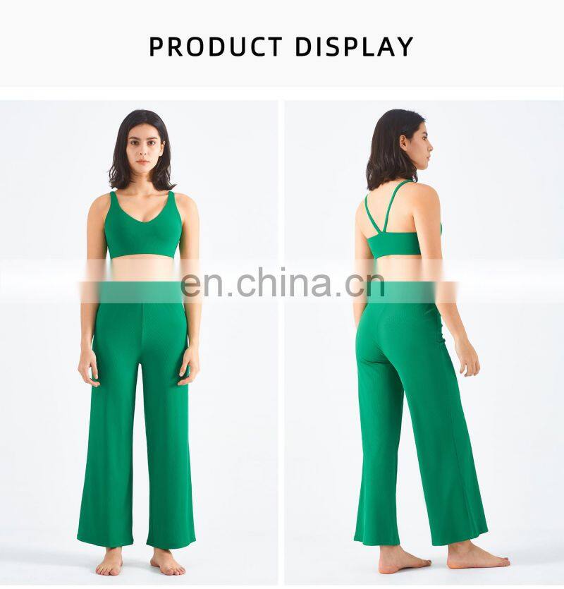 Two Piece Rib Women Workout Sets Sexy Back Sports Bra High Waist Oem Gym Pants