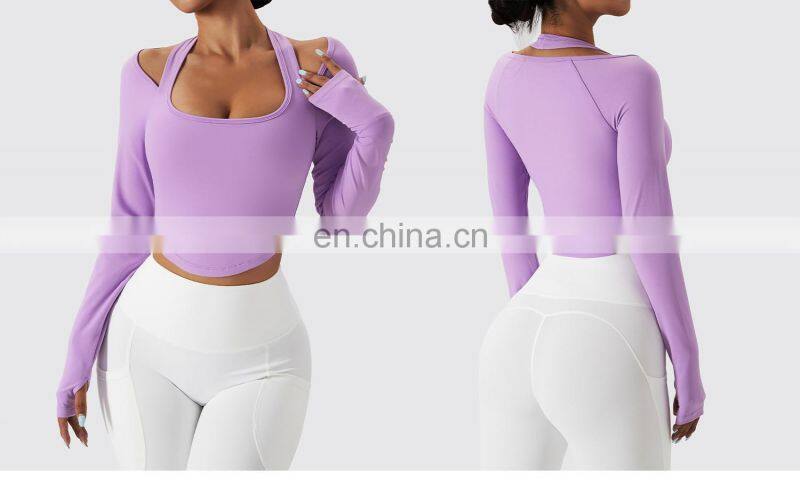 Sexy Halter Neck Long Sleeve Tshirts Women Custom Logo Sports U Hem Skinny Thumb Hole Tops
