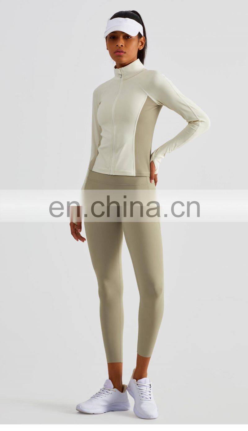 Contrasting Colors Silm Women Yoga Outdoor Jackets Custom Zipper Long Sleeves Sports Wear