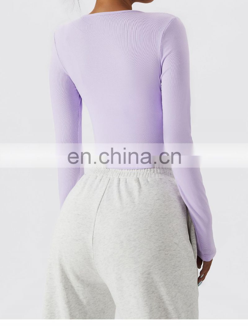 Skinny Long Sleeve Front Folding Yoga Crop Tops Custom Women Quick Dry Sports Shirts