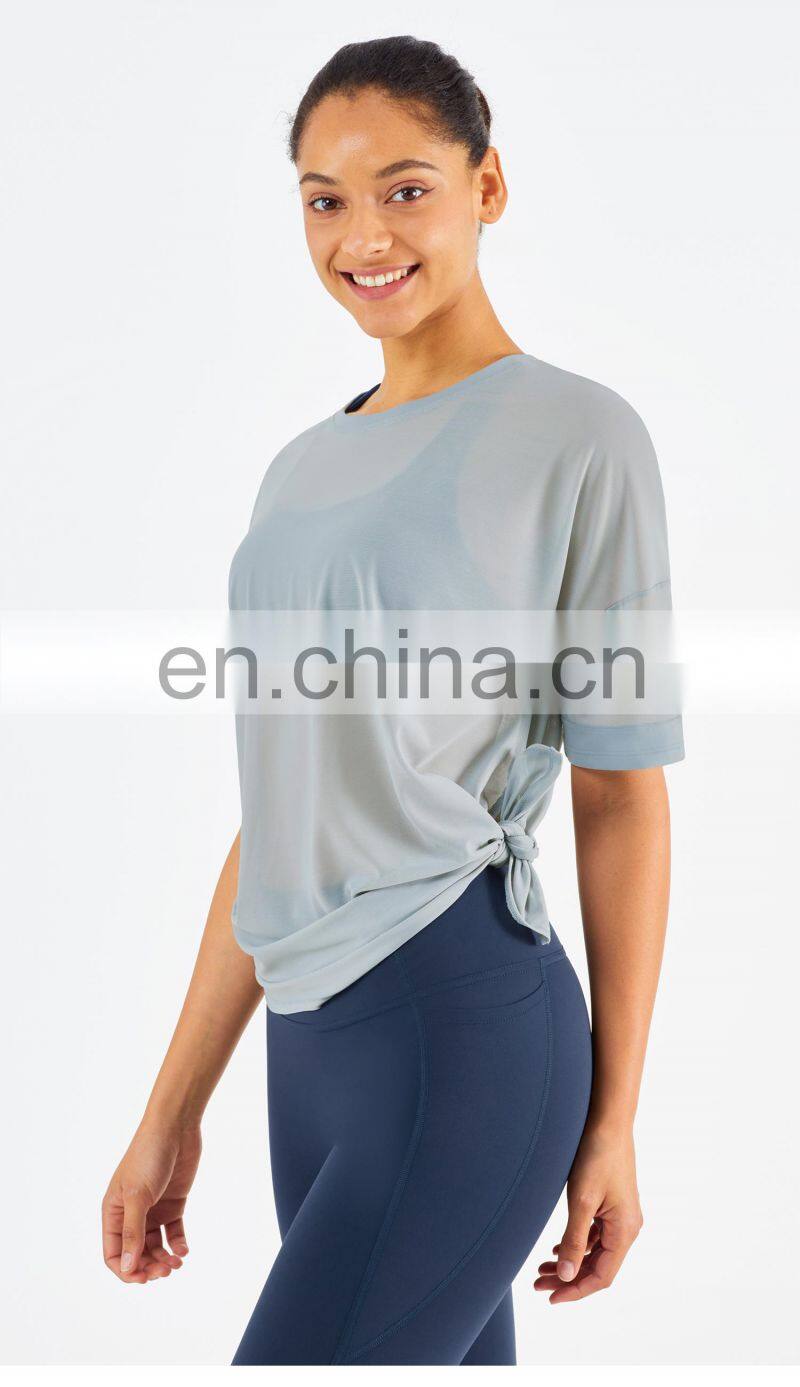 Side Waist Slit Design Mesh Sports Gym T Shirt Fashion Girl Yoga Short Sleeve Eco Fabric