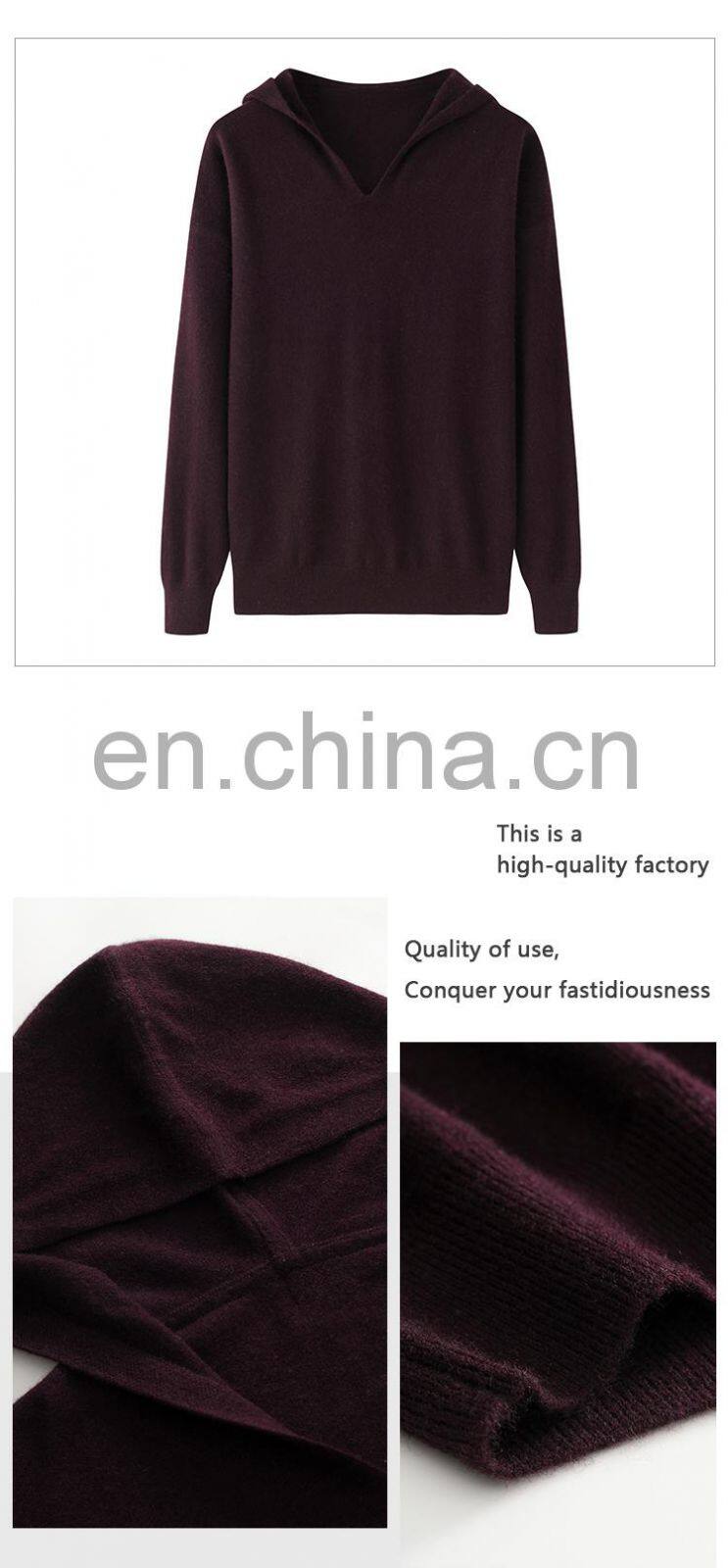 Custom Logo Women's Winter Pullover Hoodie 100% Cashmere Solid Pattern Knitted Casual Style with Front Logo