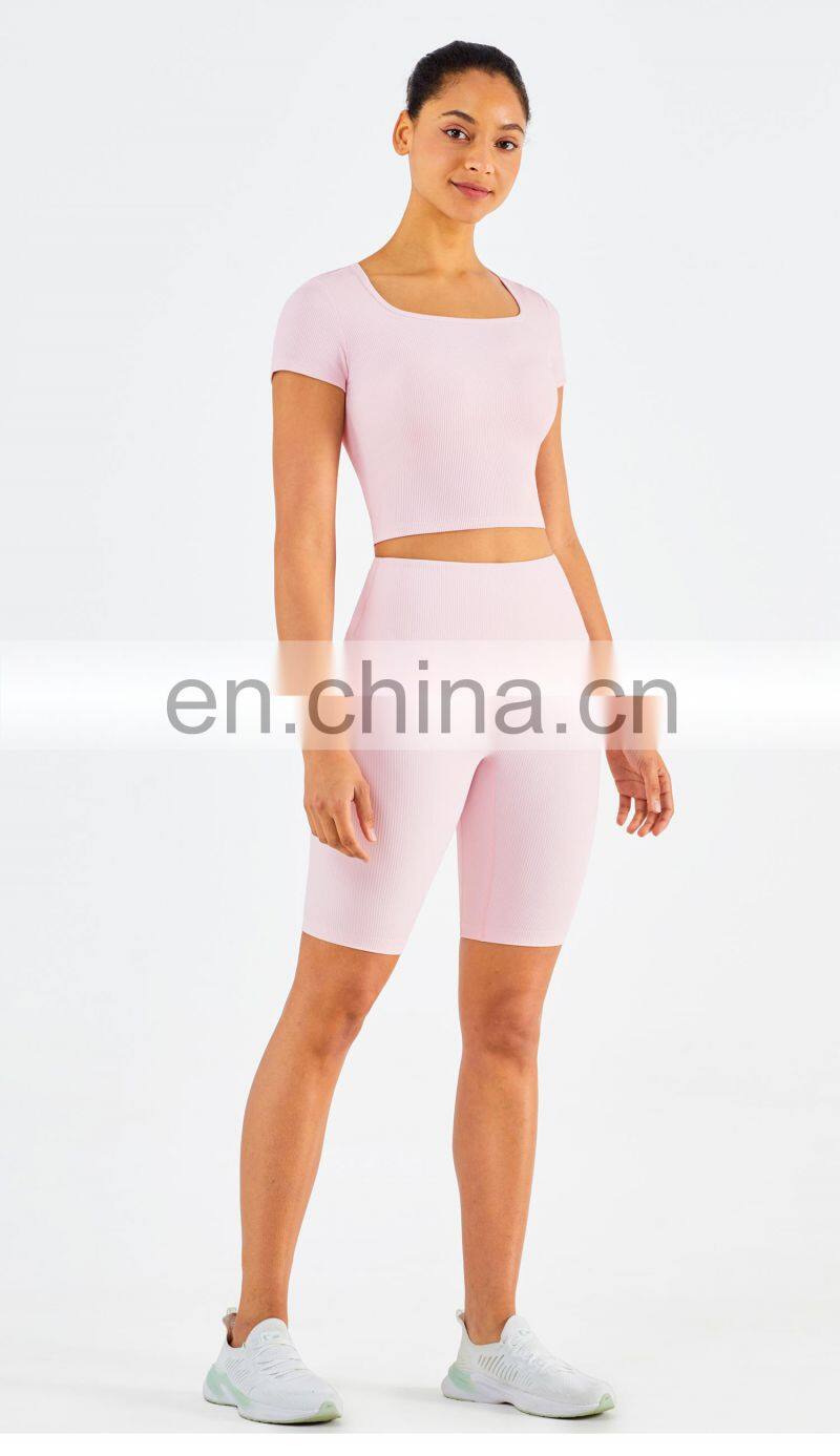 Ribbed Fabric Square Neckline Short Sleeve Gym Tops Slim Fit Plus Size Women's T-Shirts