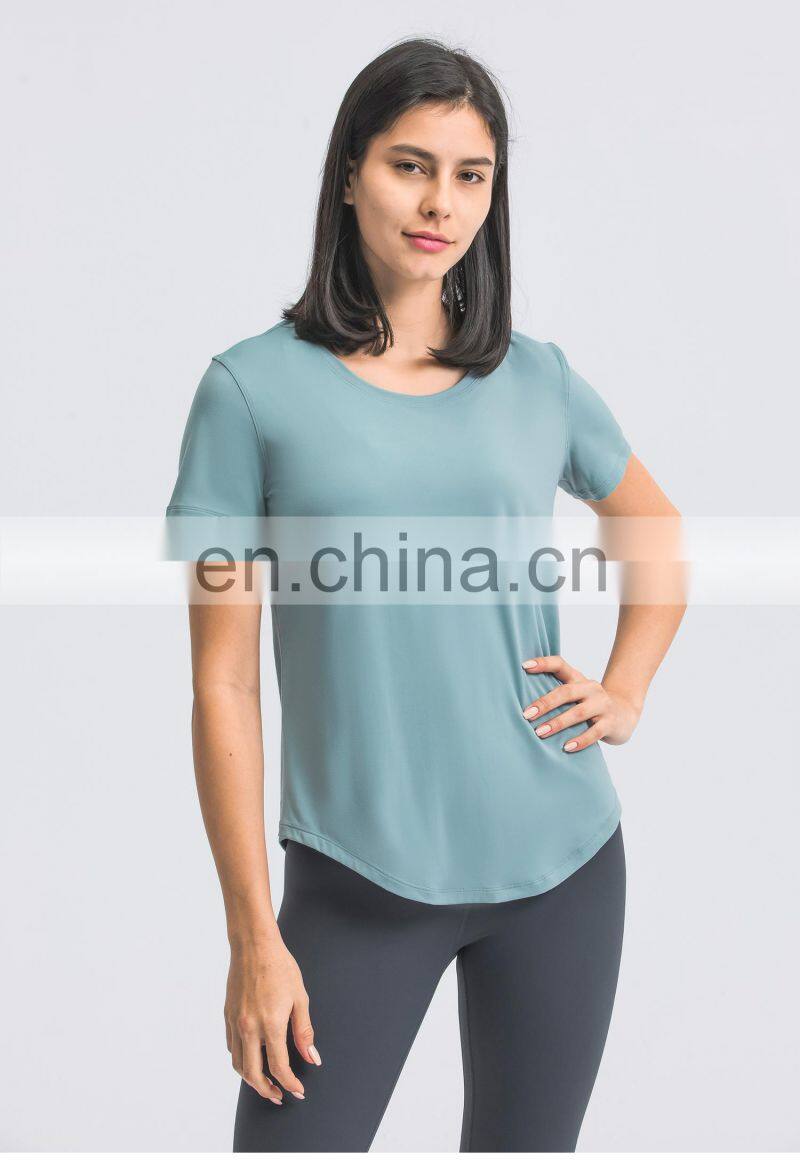 Wholesale Women Breathable Gym Oversized Yoga Tops U Hem Fitness Sports T-Shirts