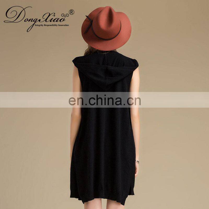 100% Cashmere Women's Sleeveless Hooded Cardigan Sweater Knitted Long Anti-Wrinkle Autumn High Street OEM Service Available