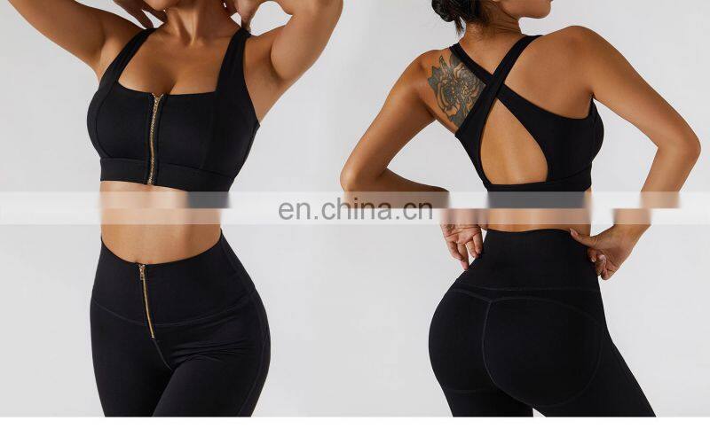 Custom Sexy Front Zip Women Gym Sports Bras Hollow Cross Backless Fitness Yoga Tops
