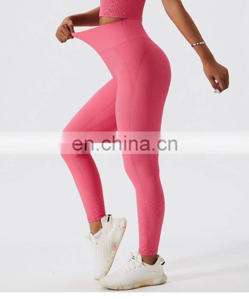 Ribbed Peach Butt Yoga Leggings Custom Invisible Pocket Tummy Control Sports Pants