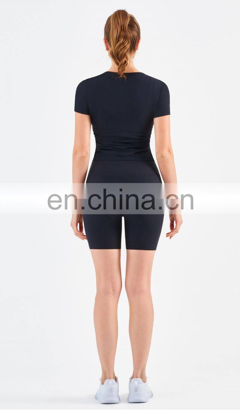 Women Ribbed Short Sleeve Slim Fit T-Shirt And Short Yoga Set Sport Fitness Suit