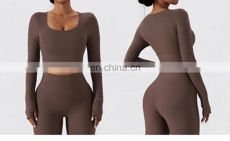 Ribbed 2 In 1 Piece Long Sleeve Yoga Crop Tops Wholesale Womens Square Neck Sports Bras