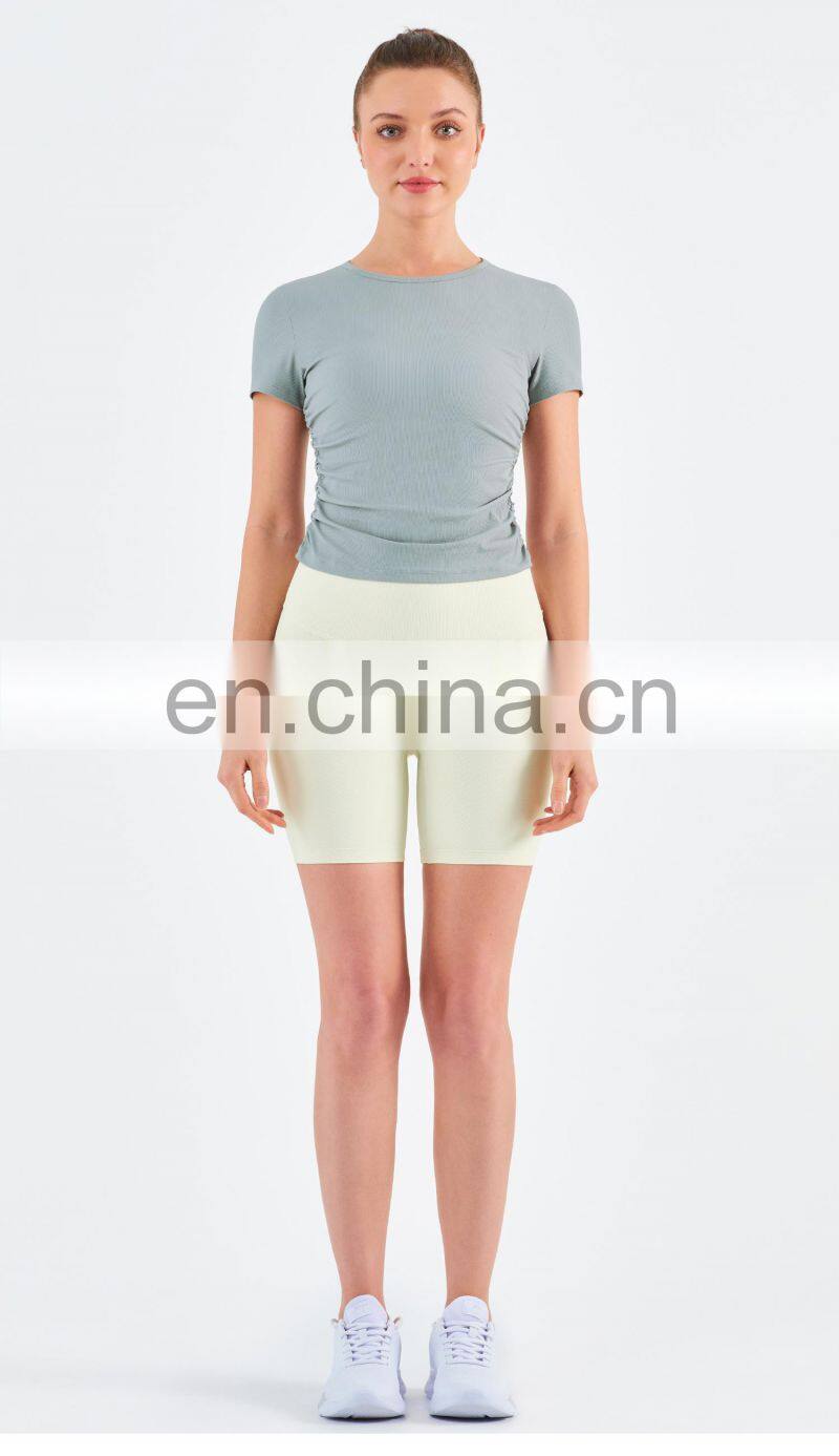 Women Ribbed Short Sleeve Slim Fit T-Shirt And Short Yoga Set Sport Fitness Suit