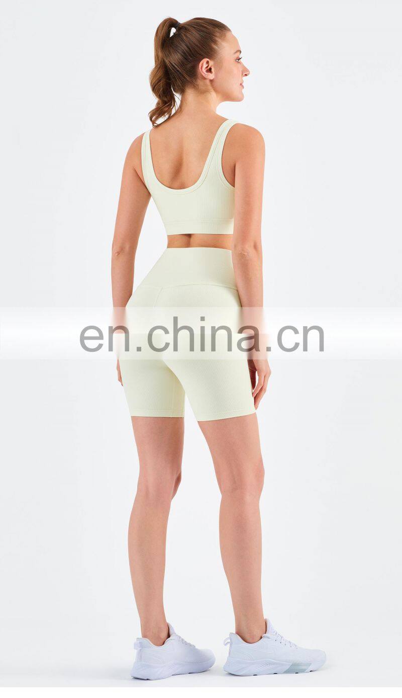 Athletic Ribbed Yoga Fitness Women Square Neckline Sports Bra Biker Shorts Set Gym