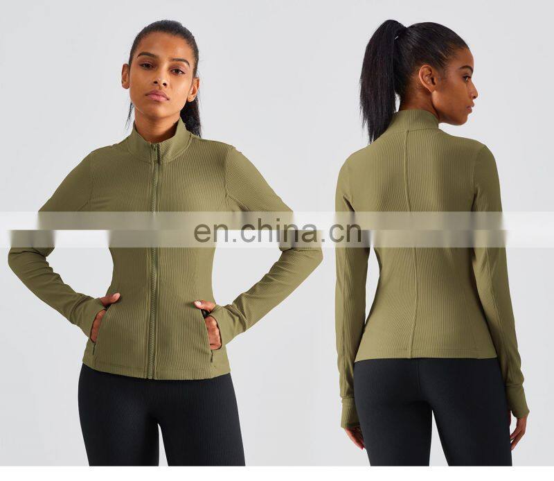 Ribbed Long Sleeve Zipper Tight Tops Workout Clothing Custom Pockets Fitness Yoga Jackets