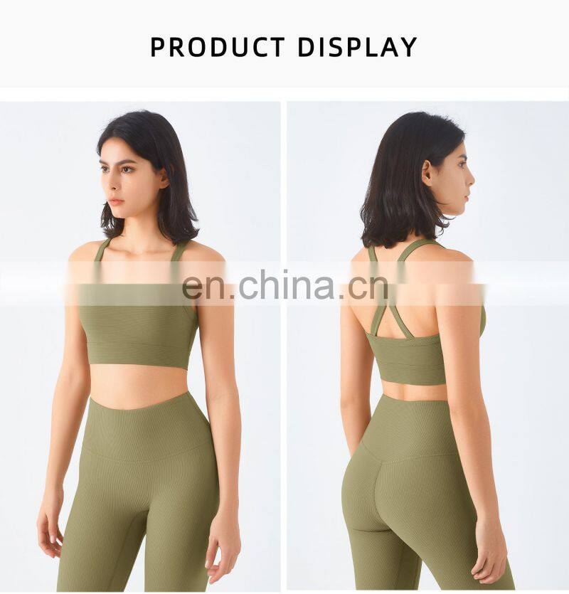 Ribbed Cross Back Custom Recyclable Sports Bras Quick Dry Wide Straps Workout Yoga Tops