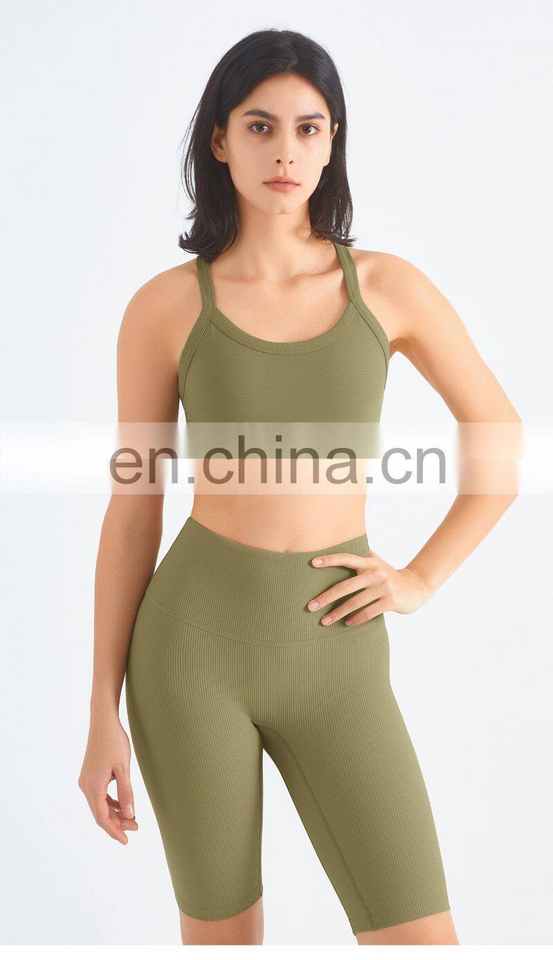 Ribbed Cross Back Custom Recyclable Sports Bras Quick Dry Wide Straps Workout Yoga Tops