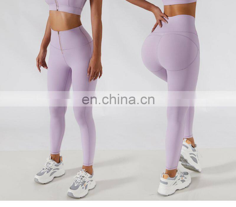 Front Zip Waist Yoga Leggings Factory Sales High Rise Peach Butt Tight Sports Pants