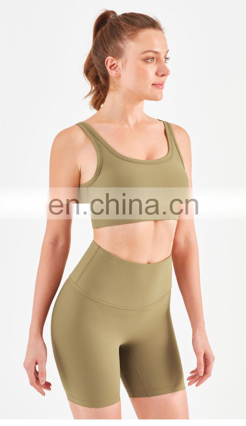 Wholesale Ribbed Covered Sports Bra High Impact Women Fitness Yoga Bra Side Gather