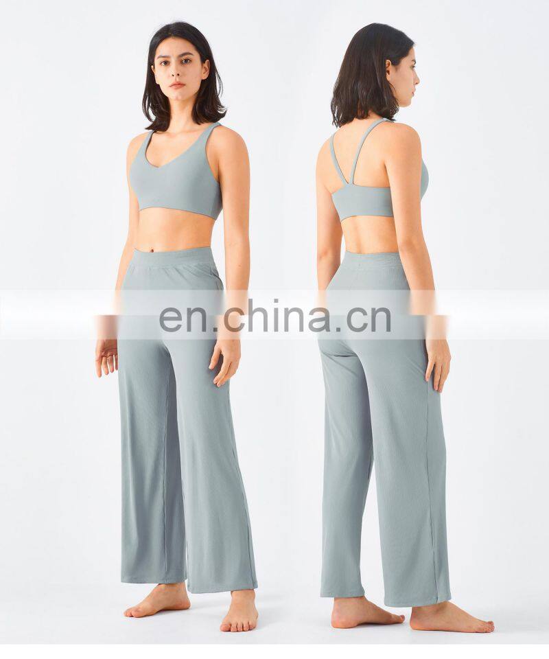 Two Piece Rib Women Workout Sets Sexy Back Sports Bra High Waist Oem Gym Pants