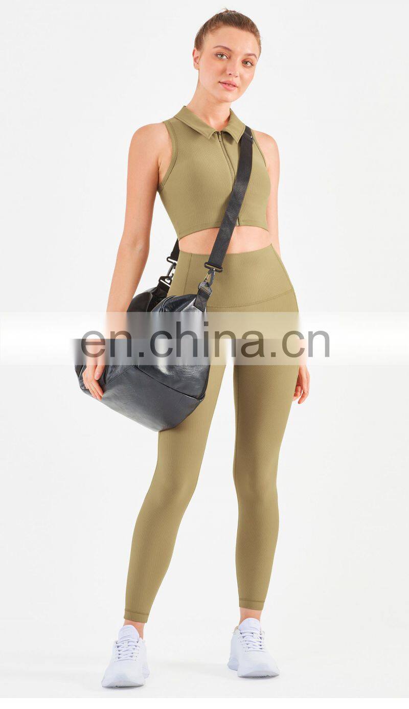 Workout Outfits Sports Ribbed Golf Polo Padded Bra Tank Top Yoga Legging Set Womens