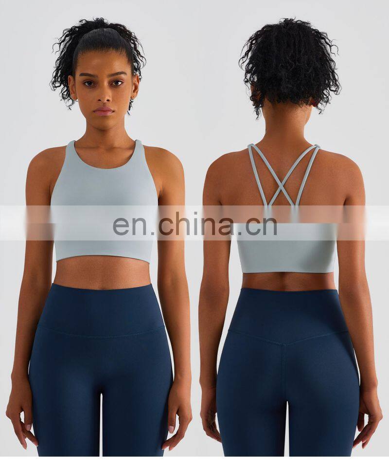 Wholesale High Neck Sports Shockproof Bras Cross Longline Backless Yoga Custom Tank Tops