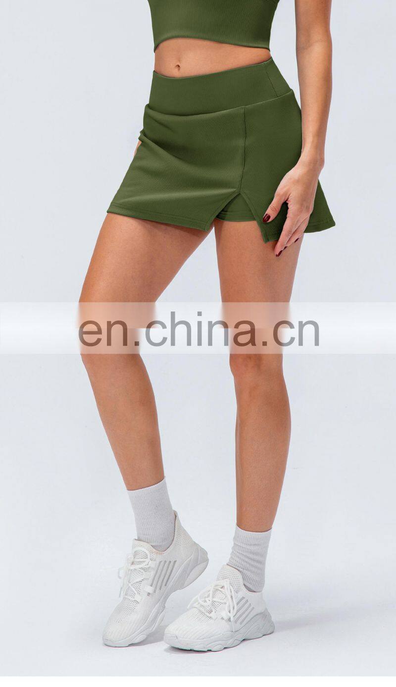 New Rib Two Piece Anti-Glare High Waist Sports Women Fitness Golf Tennis Skirts With Pockets