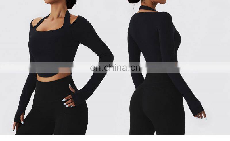 Sexy Halter Neck Long Sleeve Tshirts Women Custom Logo Sports U Hem Skinny Thumb Hole Tops