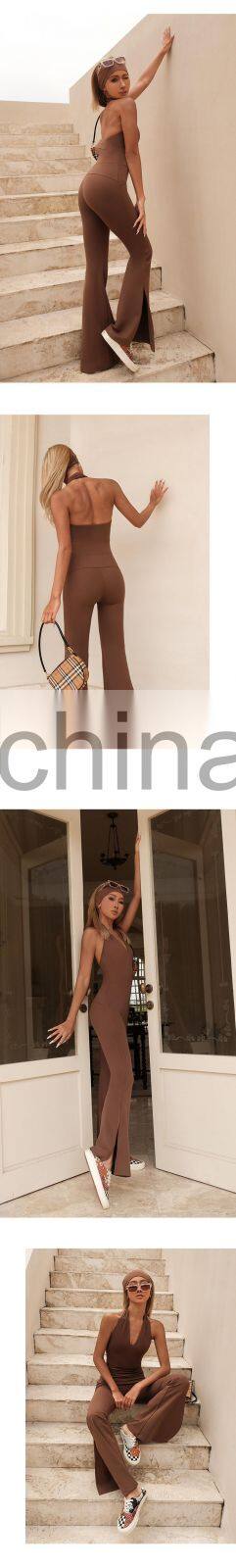 Women Sexy Halter One Piece Yoga Jumpsuits Custom Backless Sports Bodysuit Flared Leggings