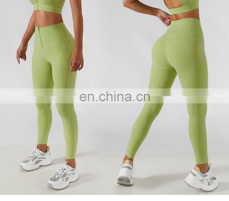 Front Zip Waist Yoga Leggings Factory Sales High Rise Peach Butt Tight Sports Pants