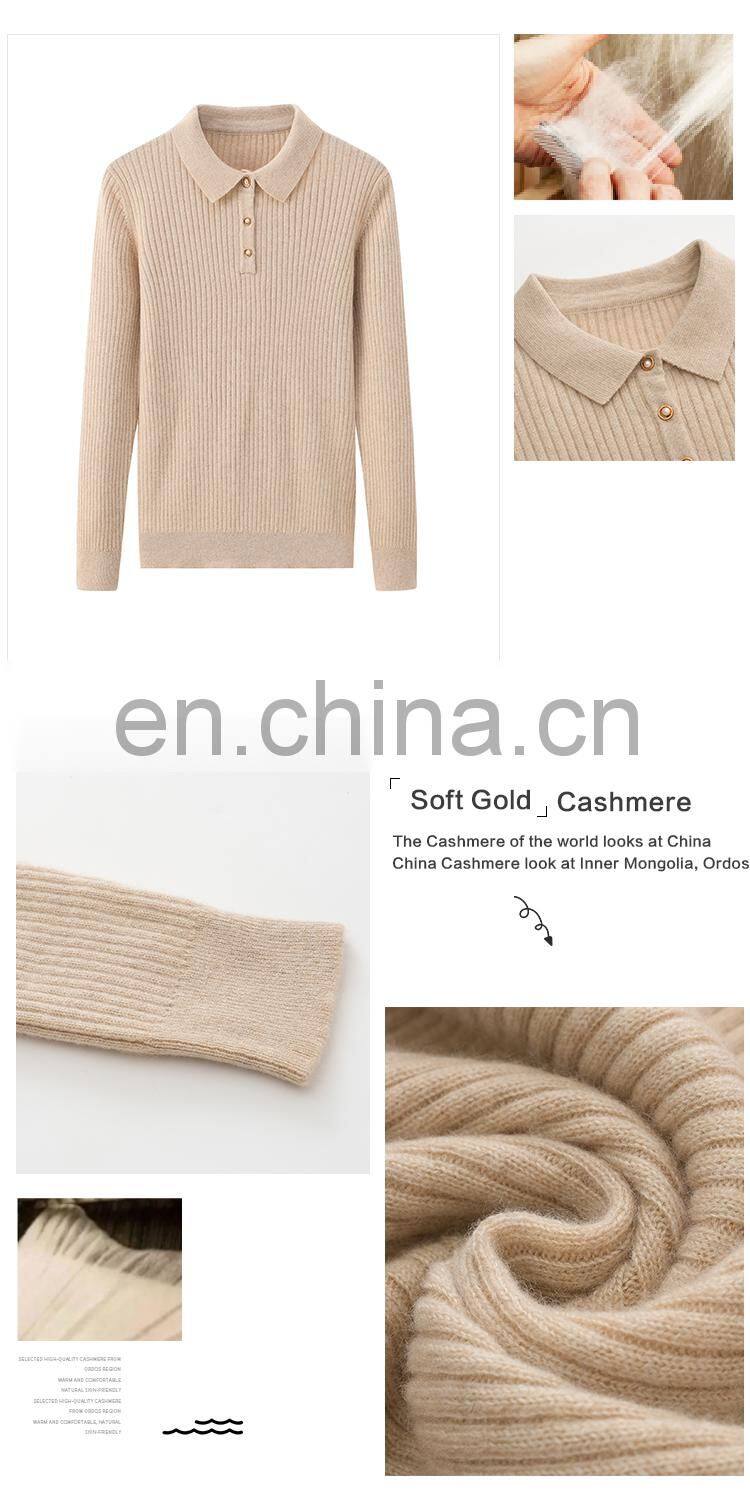2024 New Arrival Women's Formal Solid Pattern Jumper Cashmere Turn-Down Collar Pullover with Polo Neck Knitted Buttons Winter