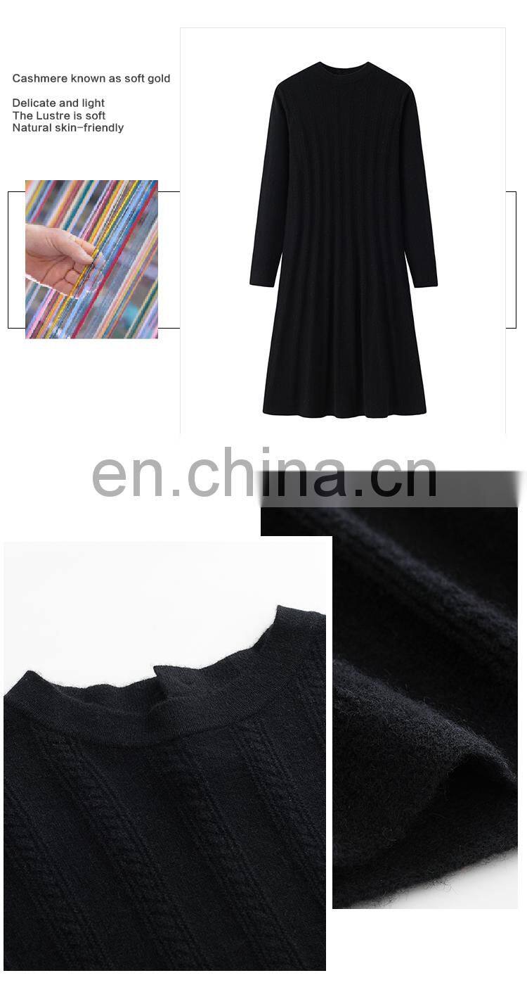 High Quality Ladies A-line Style Crew Neck Cashmere Dress Fall Winter Knee-Length with Yarn Dyed Technics