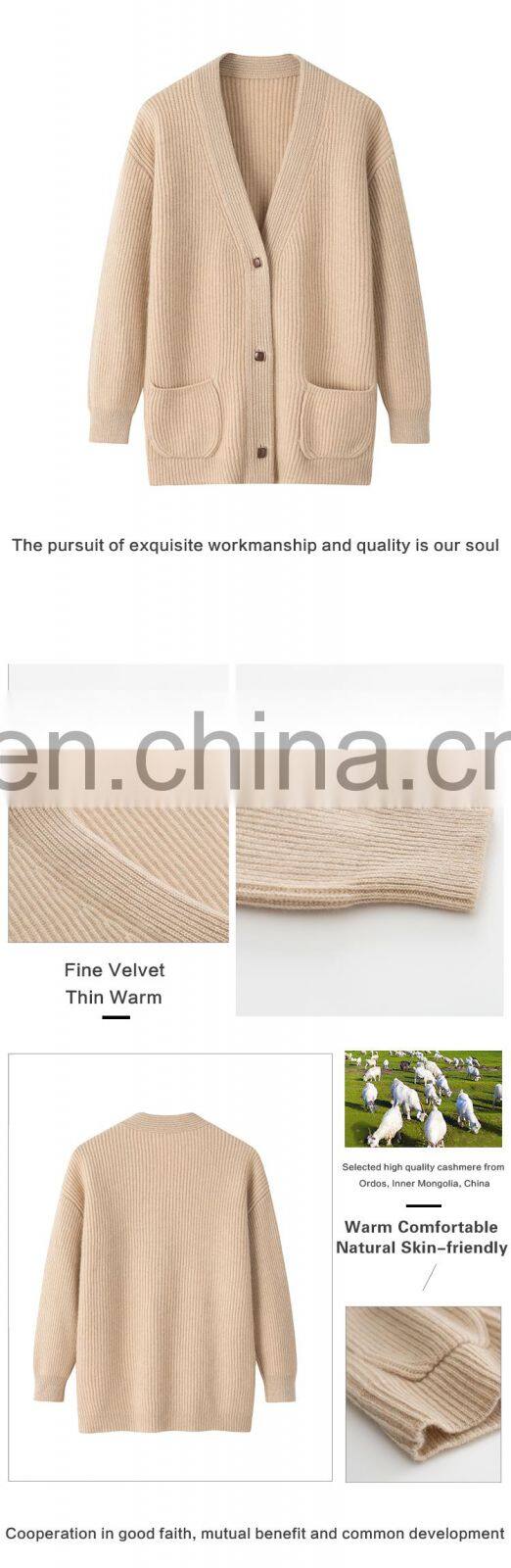 Manufacturer Casual Knitwear Thick Winter Rib Knitted V-Neck Women's Cashmere Cardigan