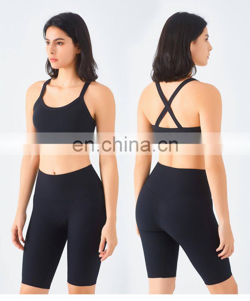 Ribbed Cross Back Custom Recyclable Sports Bras Quick Dry Wide Straps Workout Yoga Tops