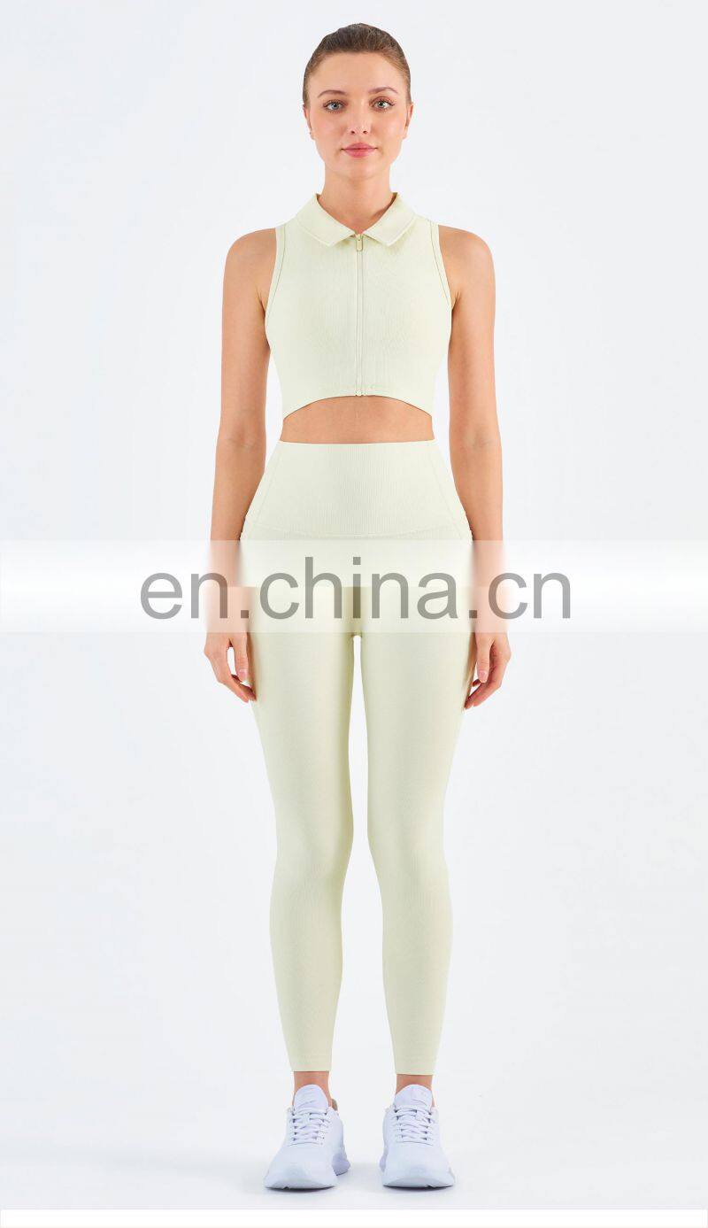 Workout Outfits Sports Ribbed Golf Polo Padded Bra Tank Top Yoga Legging Set Womens