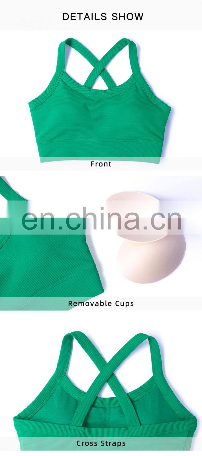Ribbed Cross Back Custom Recyclable Sports Bras Quick Dry Wide Straps Workout Yoga Tops