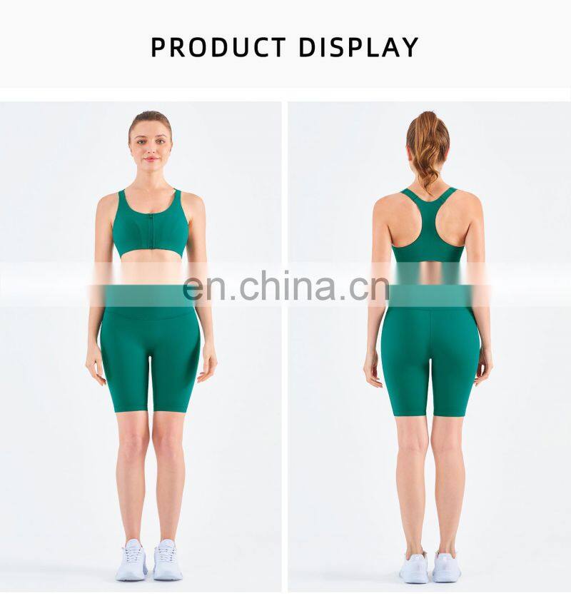 Tik Tok High Elastic Front Zipper Sport Bra Biker Shorts Sets Women Fitness Yoga Wear