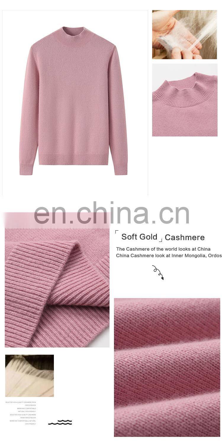 Plus Size 100% Goat Cashmere Knit Pullover Half High Collar Casual Winter Pure Cashmere Sweater with Crew Neck Logo on Front