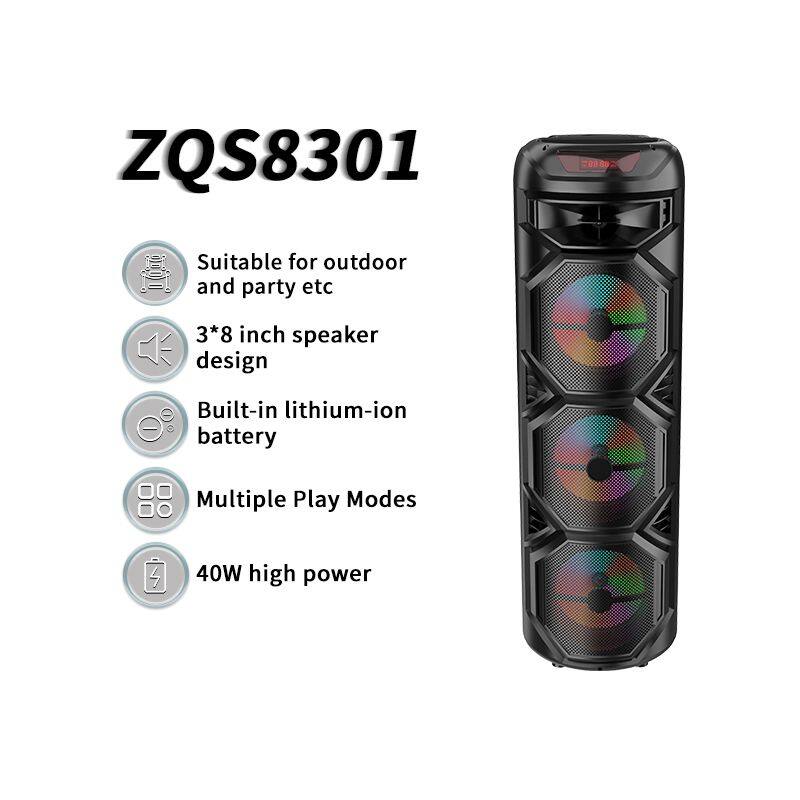 ZQS8301 hot sell deep bass sound 40W power 8 inch*3 wireless party speaker with colorful lights