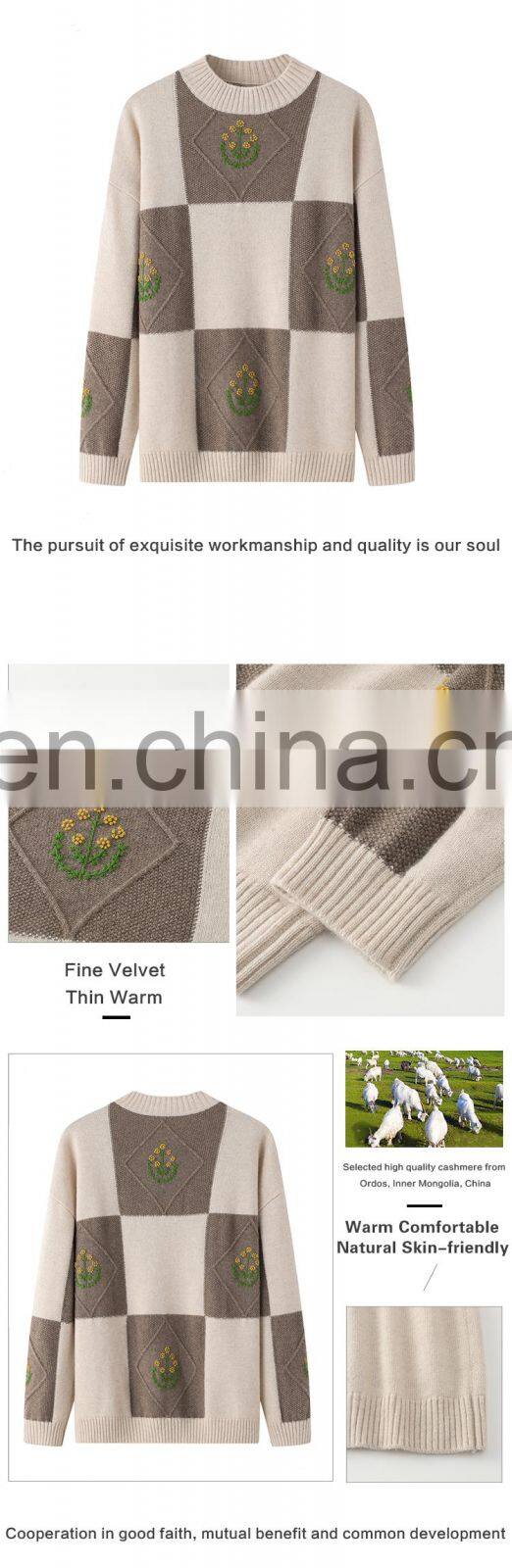 Winter Casual Crew Neck Pullover 100% Cashmere Sweater with Plaid Pattern and Floral Embroidery