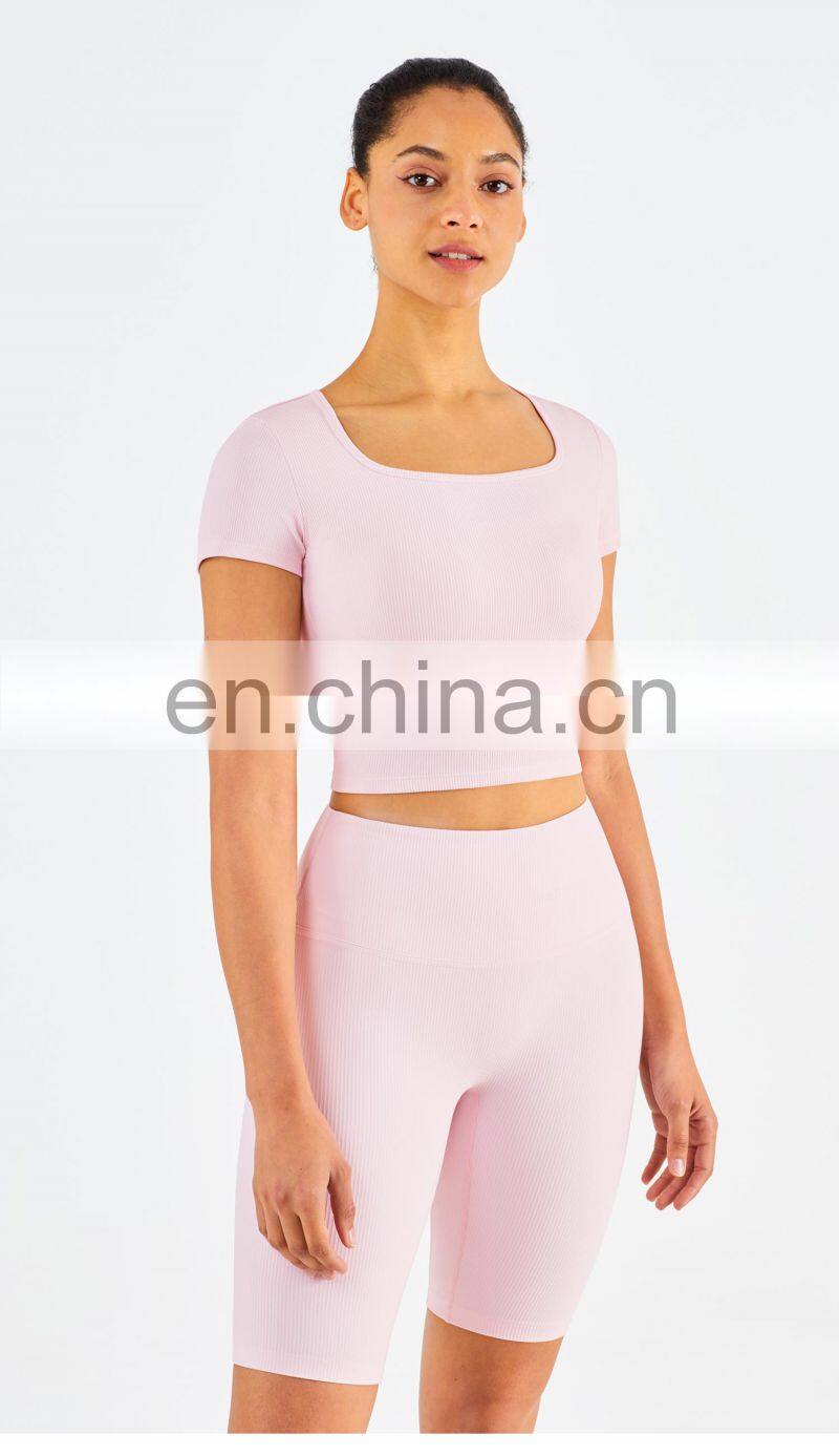 Ribbed Fabric Square Neckline Short Sleeve Gym Tops Slim Fit Plus Size Women's T-Shirts