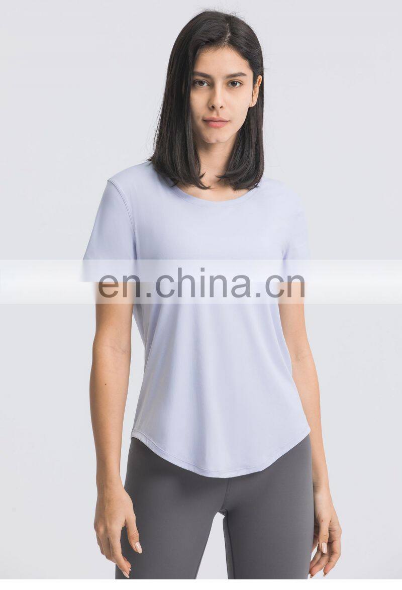 Wholesale Women Breathable Gym Oversized Yoga Tops U Hem Fitness Sports T-Shirts