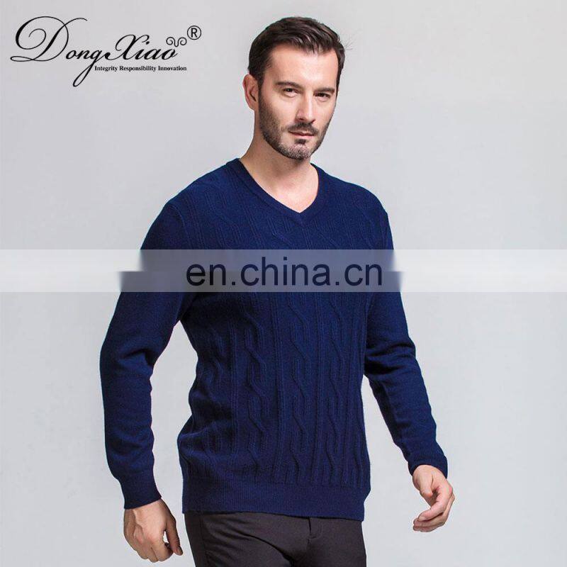 Classic Men's Merino Wool V-Neck Cable Pullover Winter Knitted Sweater