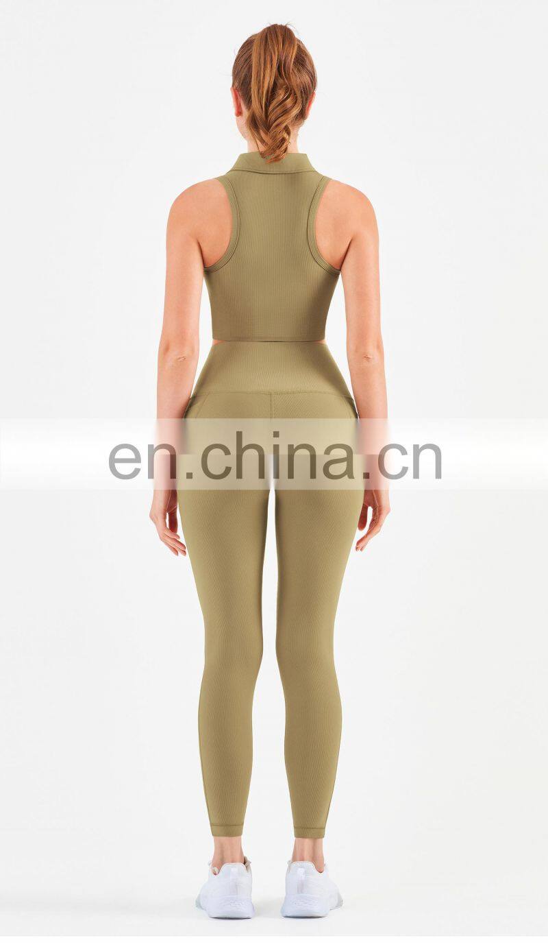 Workout Outfits Sports Ribbed Golf Polo Padded Bra Tank Top Yoga Legging Set Womens