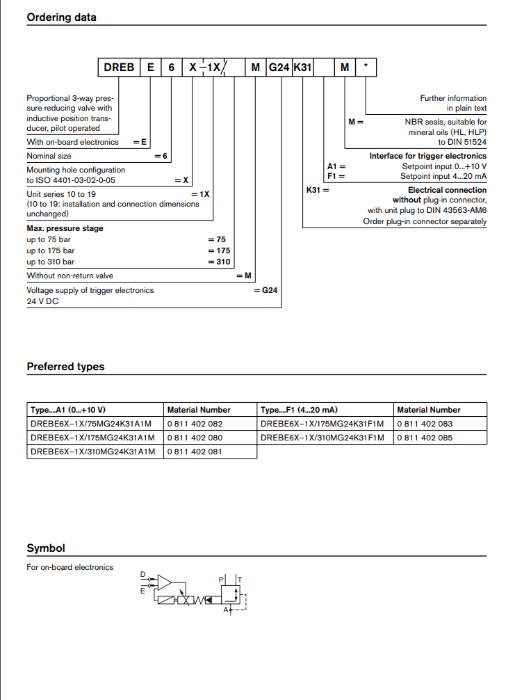 DREBE Rexroth New Proportional Pressure Control Valve Model 0811402083 DREBE6X-1X/175MG24K31F1M