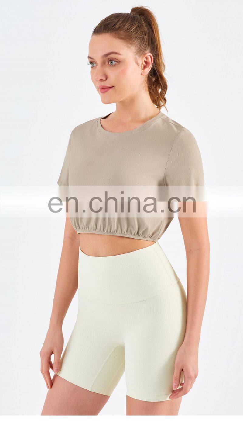 New Double Ribbed Loose Women's T Shirts With Elastic Hem Yoga Fitness Short Sleeve Crop Top