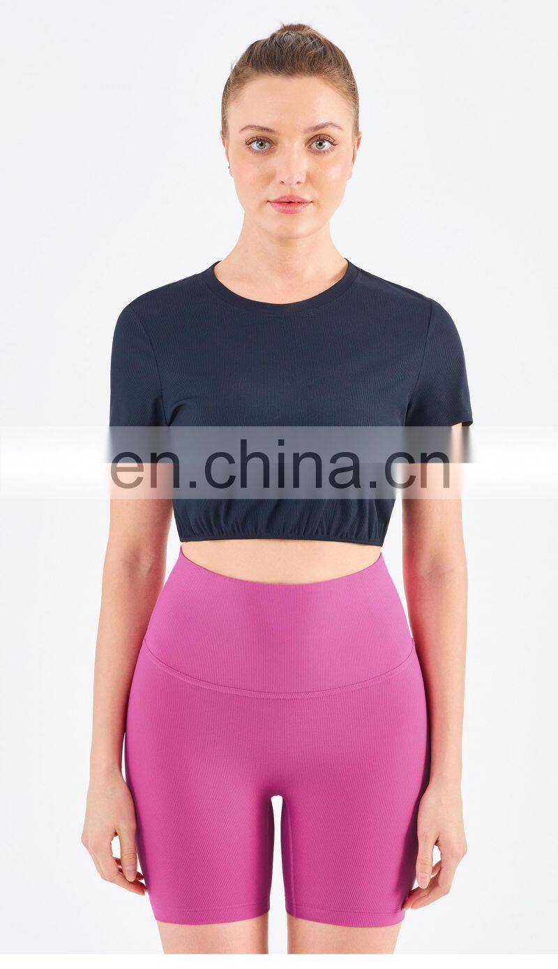 New Double Ribbed Loose Women's T Shirts With Elastic Hem Yoga Fitness Short Sleeve Crop Top
