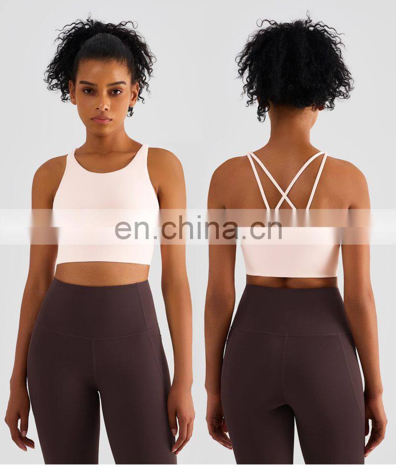 Wholesale High Neck Sports Shockproof Bras Cross Longline Backless Yoga Custom Tank Tops