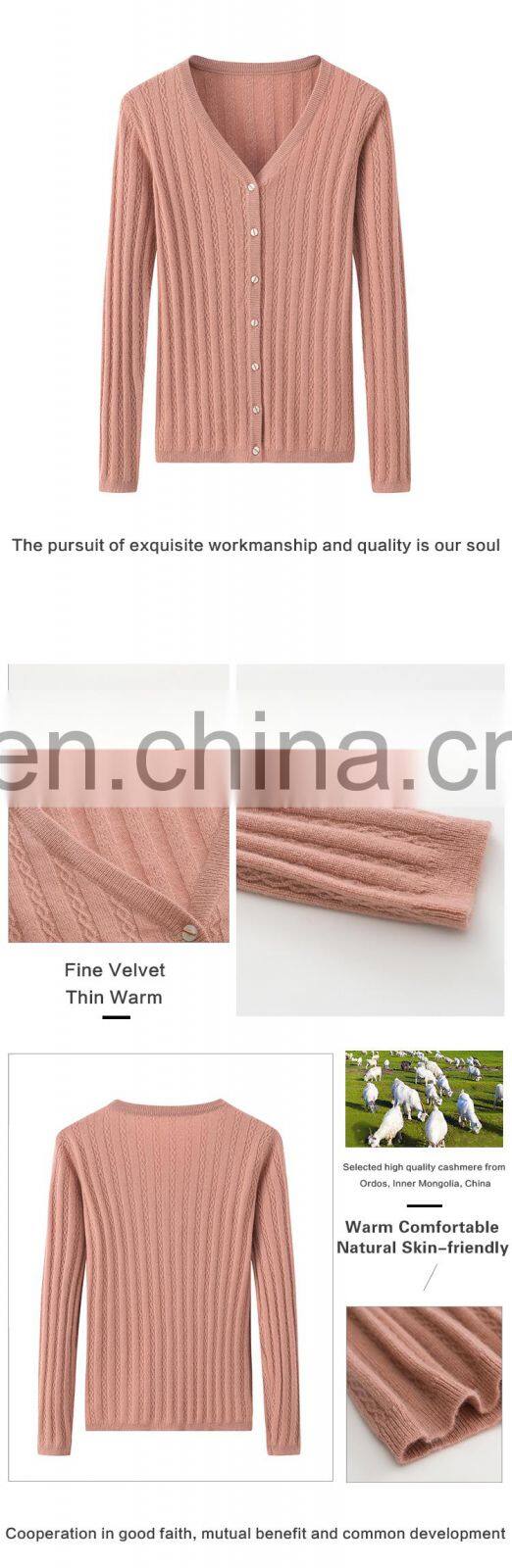 Women's Casual Ribbed Knitted V-Neck Cashmere Sweater Single Breasted with Solid Pattern and Buttons for Autumn Season